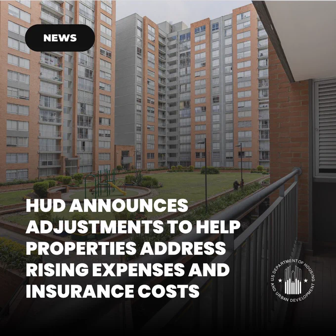 An image of an apartment complex with text on top. The text reads, "NEWS: HUD announces adjustments to help properties address rising expenses and insurance costs."