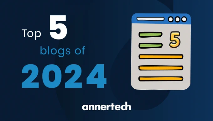 A graphic of a web page with the number 5 is on the right. On the left is blue and white text: Top 5 blogs of 2024. A white Annertech logo is at the bottom