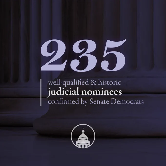 An image reads: "235 well-qualified & historic judicial nominees confirmed by Senate Democrats"