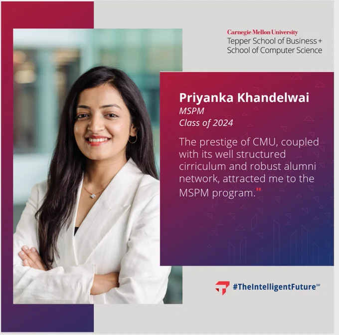 Promotional image featuring a student from Carnegie Mellon University, Tepper School of Business. The person is smiling, dressed in a professional white suit, and the background includes text highlighting their endorsement of the MSPM program for the class of 2024. The hashtag #TheIntelligentFuture is displayed at the bottom.