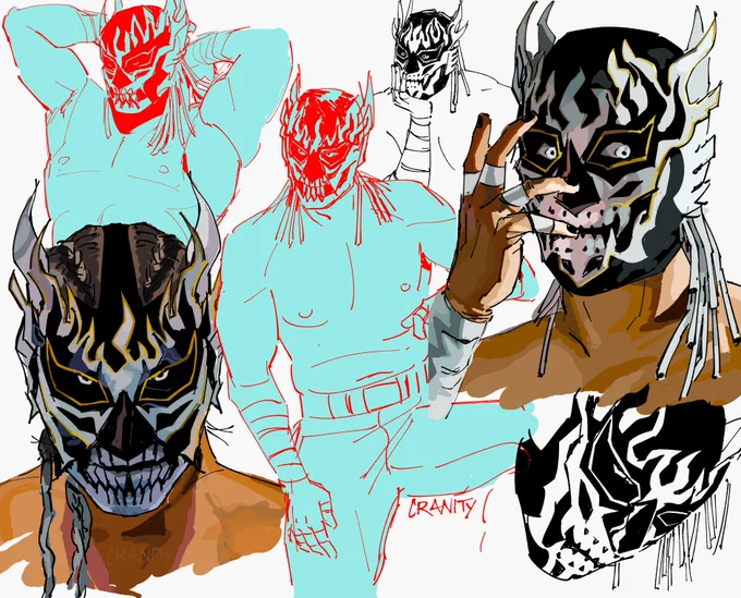 Drawings of El Desperado, the Japanese wrestler. On the bottom right is a roughly rendered bust of el Desperado, looking forward at us. His lucha mask has a crest of white flame-like spikes around his brow that rises up above where his ears would be. The holes for his eyes are angled into an angry scowl, leaving the eye underneath completely black aside from his white irises. His nose is covered by a large triangular piece of black fabric, akin to a skulls nasal cavity. His mouth remains uncovered but has been painted with makeup to resemble the mandible of the skull. White fringe from the back of his mask comes around over his shoulder to the front. On the top right rendered bust he wears a similar mask, however his mouth is fully covered with a design of white fanged teeth warped into an eerie smile. Between these drawings show him with variations of these masks as he: idles during a match, pulls his fringe back, sits on the top rope,  and just simply looks up from under his brow.