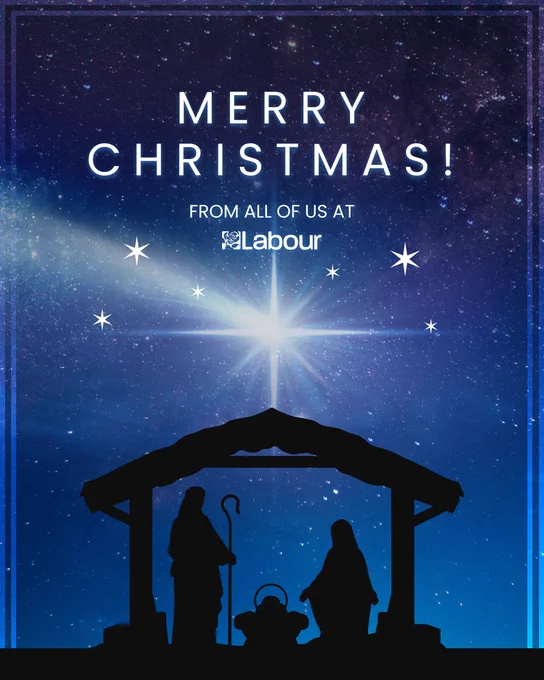 A festive graphic featuring a night sky filled with stars and a bright star shining at the center. Below, a silhouette of a nativity scene with Mary, Joseph, and baby Jesus in a manger. The text reads, "Merry Christmas! From all of us at Labour," with the Labour logo included.