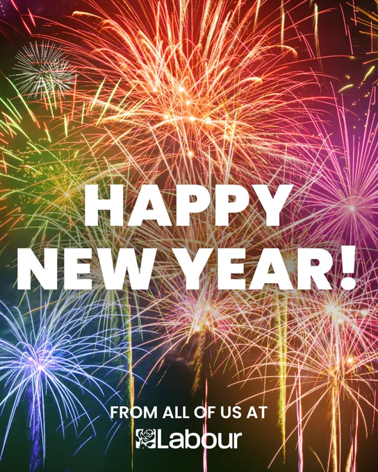 A festive graphic with vibrant fireworks in various colors lighting up the night sky. Bold white text in the centre reads "Happy New Year!" Below, it says "From all of us at Labour," accompanied by the Labour logo.