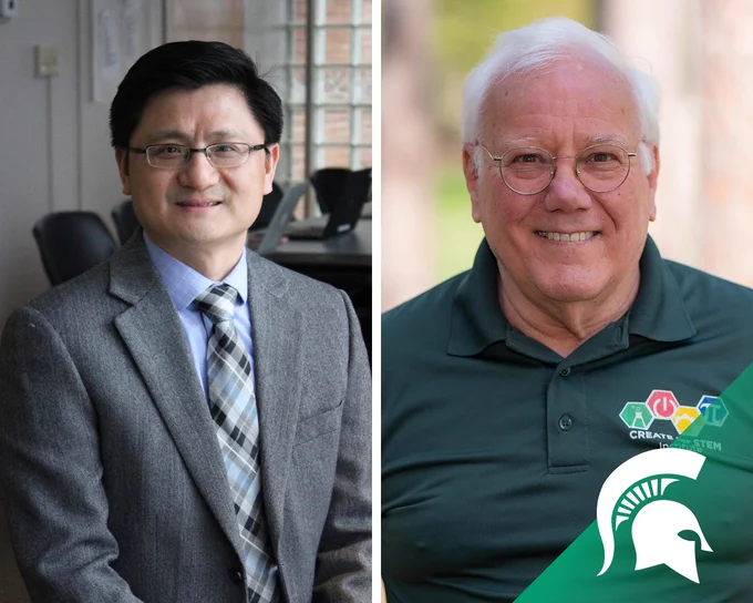 A side-by-side image of two individuals. On the left, a person is wearing a gray suit and tie, sitting indoors with a background showing a window and office chairs. On the right, a person is outdoors, smiling and wearing a dark green polo shirt with a logo on it. A green graphic with a Spartan helmet logo overlays the bottom right corner.