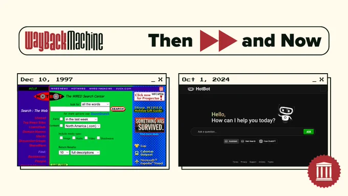 Wayback Machine captures of the search engine HotBot.com from December 10th, 1997 and October 1st, 2024.