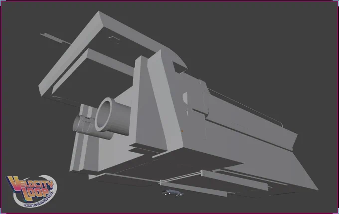 different lower angled development screenshot of a rough greyboxed 3d model of a large and long angular transport like space ship type vehicle seen next to a smaller one to show the massive size 