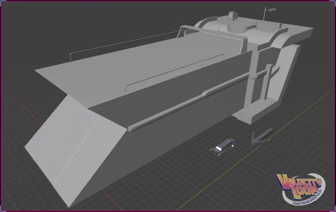 angled overhead development screenshot of a rough greyboxed 3d model of a large and long angular transport like space ship type vehicle seen next to a smaller one to show the massive size 