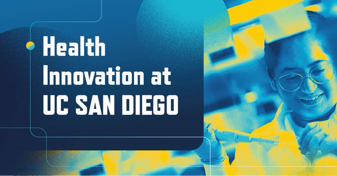 Graphic featuring a researcher working in a lab, with the text 'Health Innovation at UC San Diego' displayed prominently.