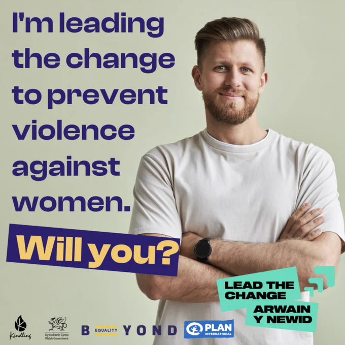 'I'm leading the change to prevent violence against women. Will you?' reads purple text over a photo of a man in a white t shirt. At the bottom are logos from all project partners.