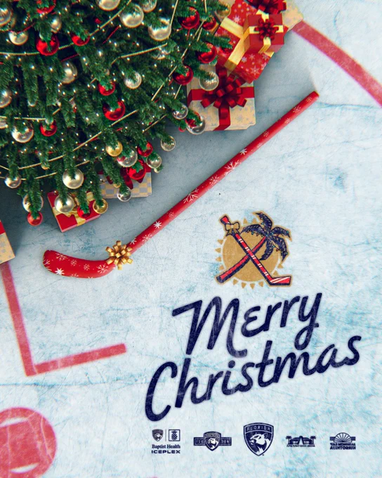 On ice, a Christmas tree sits at the top the left side. 

In front of it, on the ground, is a hockey stick. 

In the bottom right, in a navy script font, it says: “Merry Christmas”