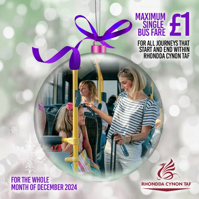 £1 maximum single bus fare - for all journeys that start and end within Rhondda Cynon Taf

For the whole month of December 2024

Funded by UK Government
