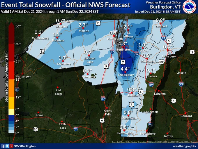 Storm Total snowfall map.  Additional snow accumulations of 1 to 3 inches. Storm total snow will reach 3 to 6 inches, especially along the Route 7 corridor in southern Chittenden and Addison counties.