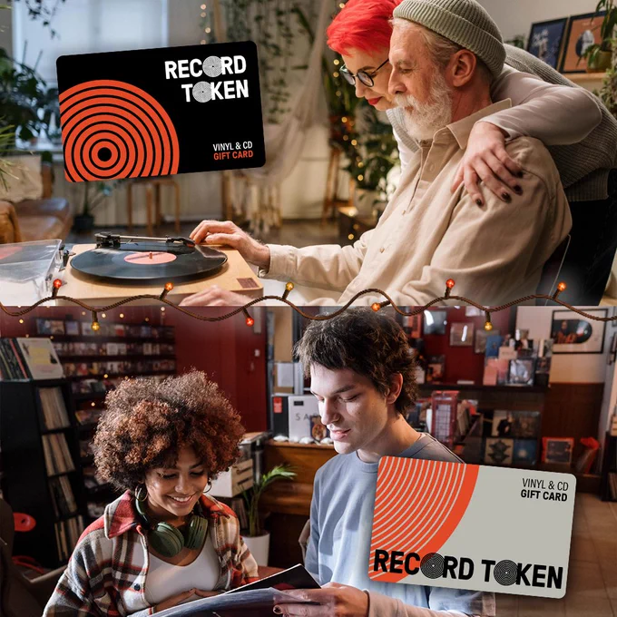In the top half of the image, a couple in their fifties listen to a record player whilst embracing. In the bottom half of the image, two friends in their twenties shop in their local record store, smiling as they check out a new vinyl. Record Tokens and fairy lights decorate the image.
