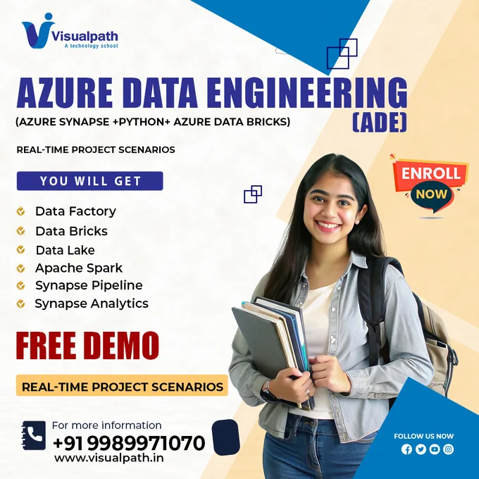 Visualpath Advance your skills with Azure Data Engineer Training In Hyderabad. Expert-led training for real-world application. Enroll now for comprehensive  Azure Data Engineer Training Online and career growth. We provide Online Training Courses study materials, interview questions, and real-time projects to help students gain practical skills. Enroll for a Free Demo. Call us: -  91-9989971070
Course Covered: 
Azure Data Factory (ADF), Azure Data bricks, Azure Synapse Analytics, Azure SQL Database, Azure Cosmos DB, Azure Blob Storage, Azure Data Lake, SQL, Power BI
WhatsApp: https://www.whatsapp.com/catalog/919989971070/
Blog link: https://visualpathblogs.com/
Visit us: https://www.visualpath.in/online-azure-data-engineer-course.html


