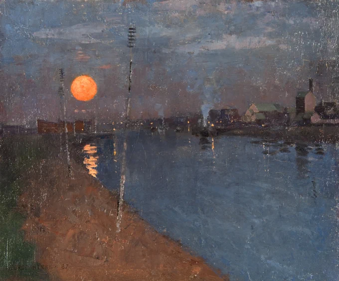 Oil painting of a river scene after sundown. Beside a shorefront, deep blue waters reflect the orange light of a full moon in the sky. Houses and buildings can be seen in the distance. 