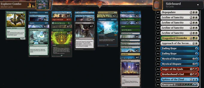Deck
4 Vizier of Tumbling Sands (AKR) 89
4 Thespian's Stage (GTC) 248
4 Botanical Sanctum (KLR) 281
4 Hidden Strings (PIO) 328
4 Lotus Field (M20) 249
1 Hedge Maze (MKM) 262
1 Breeding Pool (RNA) 246
2 Otawara, Soaring City (NEO) 271
3 Boseiju, Who Endures (NEO) 266
1 Forest (THB) 254
1 Lair of the Hydra (AFR) 259
2 Temple of Mystery (M21) 254
3 Arboreal Grazer (WAR) 149
1 Fae of Wishes (ELD) 44
4 Impulse (DMU) 55
4 Sylvan Scrying (BFZ) 192
2 Bala Ged Recovery (PIO) 165
1 Lier, Disciple of the Drowned (MID) 59
4 Archdruid's Charm (MKM) 151
4 Pore Over the Pages (SIR) 86
2 Dark Petition (PIO) 371
2 Emergent Ultimatum (IKO) 185
1 Omniscience (M19) 65
1 Anger of the Gods (AKR) 138

Sideboard
4 Leyline of Sanctity (M20) 26
1 Approach of the Second Sun (STA) 1
1 Dragonlord Dromoka (PIO) 217
1 Depopulate (SNC) 10
2 Fading Hope (MID) 51
2 Mystical Dispute (ELD) 58
1 Anger of the Gods (AKR) 138
1 Emergent Ultimatum (IKO) 185
1 Brotherhood's End (BRO) 128
1 Sphinx of the Final Word (FDN) 597
