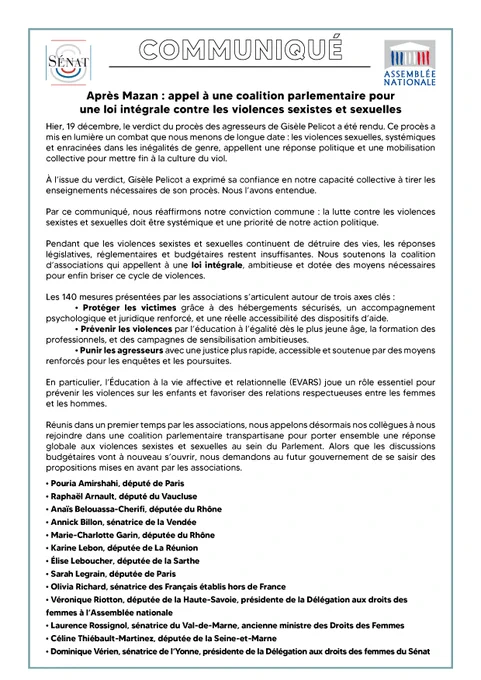 Après Mazan : appel à une coalition parlementaire pour
une loi intégrale contre les violences sexistes et sexuelles