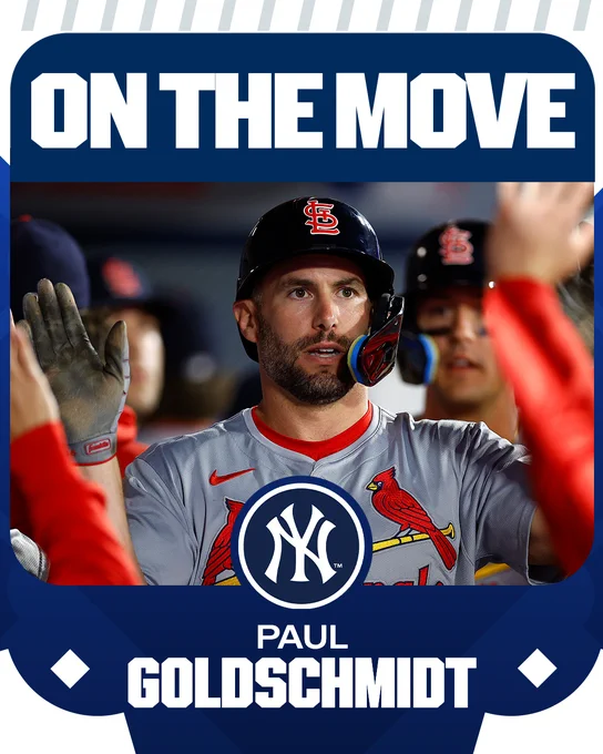 On the Move
Paul Goldschmidt to the New York Yankees
Pictured: Goldschmidt wearing a gray St. Louis Cardinals jersey and a dark blue batting helmet. 