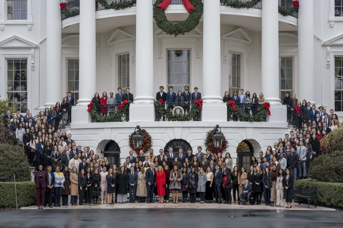 President Biden and the First Lady are pictured with the Fall 2024 White House Intern class.