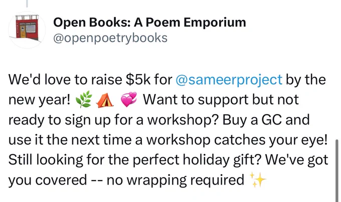 We’d love to raise $5K for the Sameer Project by the new year! Want to support but not ready to sign up for a workshop? Buy a gift card and use it the next time a workshop catches your eye. Still looking for the perfect holiday gift? We’ve got you covered - no wrapping required!