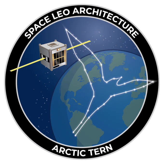 A graphic of the Earth seen from outer space with a microsatellite in orbit. Lines connect dots in the shape of an Arctic tern. Text on image: Space LEO architecture. Arctic tern.