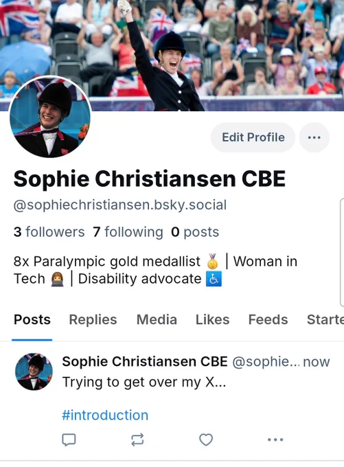 Screenshot of Sophie’s Bluesky profile. Her first post says "Trying to get over my X..."