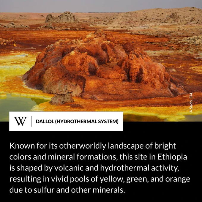 A large yellow pool surrounded by orange rocks in a vast desert landscape under a clear blue sky. Text says: Known for its otherworldly landscape of bright colors and mineral formations, this site in Ethiopia is shaped by volcanic and hydrothermal activity, resulting in vivid pools of yellow, green, and orange due to sulfur and other minerals.