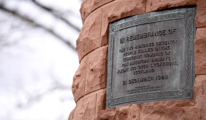 A plaque in Arlington National Cemetery in Virginia honoring the 270 people who were killed in the terrorist bombing of Pan Am Flight 103.