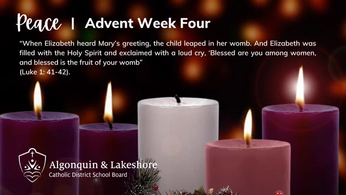Photograph of five candles, four are lit. Peace | Advent week four. “When Elizabeth heard Mary’s greeting, the child leaped in her womb. And Elizabeth was filled with the Holy Spirit and exclaimed with a loud cry, ‘Blessed are you among women, and blessed is the fruit of your womb” (Luke 1: 41-42).