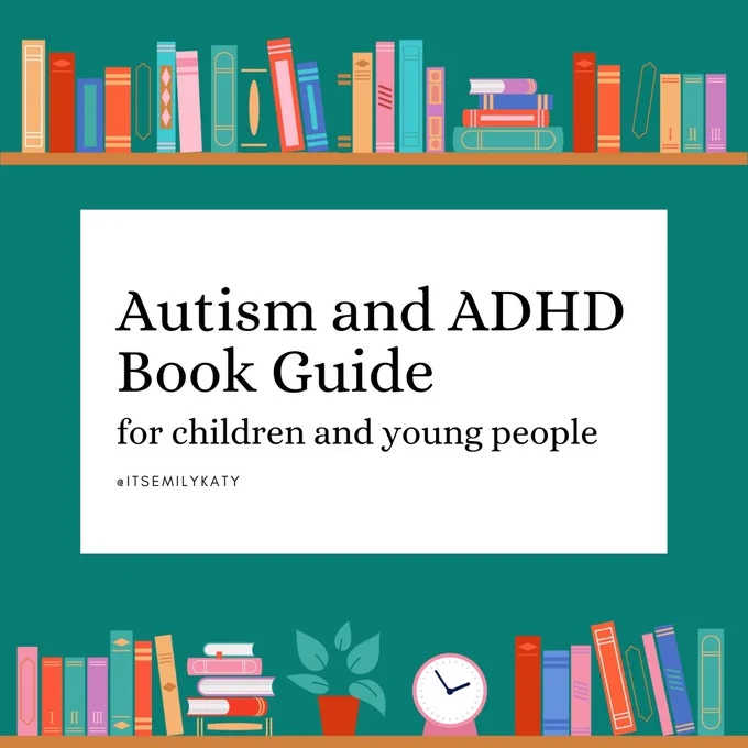Autism and ADHD Book Guide for children and young people. A green background with image of a book shelf on the top and bottom of the graphic, with the text in the middle.