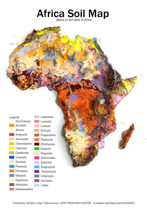 A Map🗺️ Showing Soil Types of Africa Continent , Dataset is from European Soil Data Centre (ESDAC) 