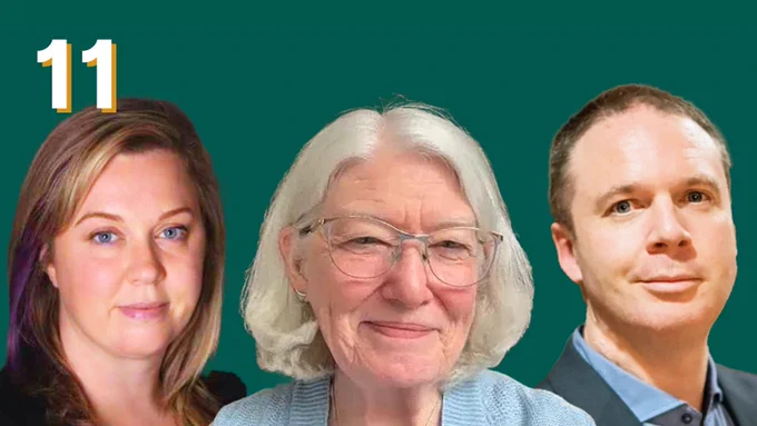 Three people smiling against a dark green background, shown from the shoulders up. From left to right: Dr. Davina Banner-Lukaris, Dr. Martha MacLeod and Dr. Nick Bansback.