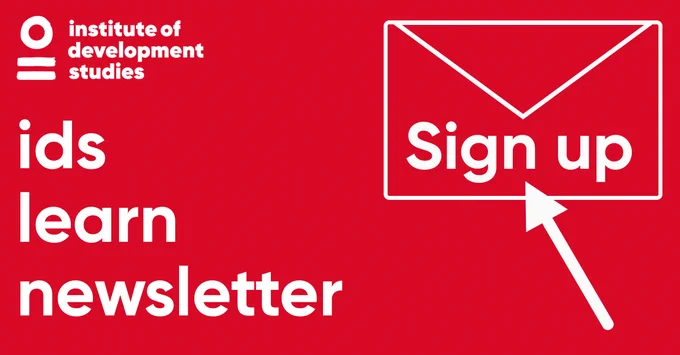 White text on a red background reads "ids learn newsletter".  The IDS logo site in the upper left-hand corner, and on the right, there is clip art of an envelope with the words "sign up" and an arrow pointing to it.