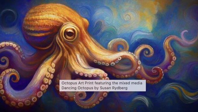 A vibrant octopus takes center stage, its swirling tentacles adorned with colorful, dynamic patterns that flow into an oceanic backdrop. The bold interplay of orange and blue tones evokes a sense of motion and life beneath the waves, celebrating the intricate beauty of marine life.

© Susan Rydberg