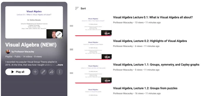 Screenshot of my Visual Algebra YouTube playlist.