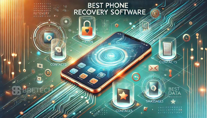 An image of a smartphone screen displaying data recovery software interface, with icons of recovered files, surrounded by a laptop and recovery tools, featuring the text 'The Ultimate Guide to Choosing the Best Phone Data Recovery Software in Pakistan (2025)