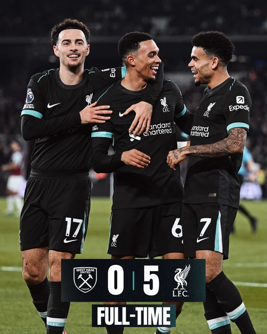 Full-time graphic for West Ham vs Liverpool.

The final score is West Ham 0-5 Liverpool.