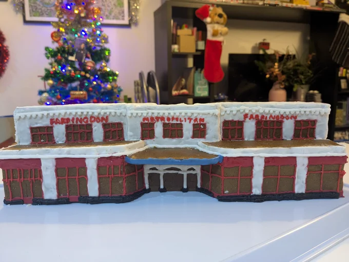 A gingerbread version of the frontage of Farringdon underground station.