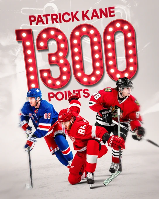 Top: Large red text on a gray background reading, "Patrick Kane, 1300 points". The number 1300 is larger and has marquee lights inside the text.

Bottom: Three cutouts of Patrick Kane in a New York Rangers, Detroit Red Wings and Chicago Blackhawks uniform, respectively.  