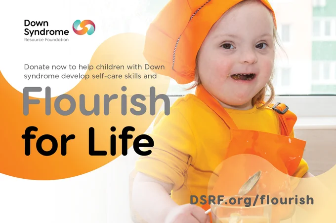 blonde haired girl with Down syndrome wearing yellow shirt, orange chef hat and orange apron, holding a spoon