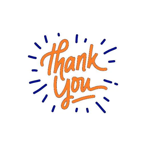 The word ‘Thank you’ in orange letters on a white background, surrounded by blue streaks.