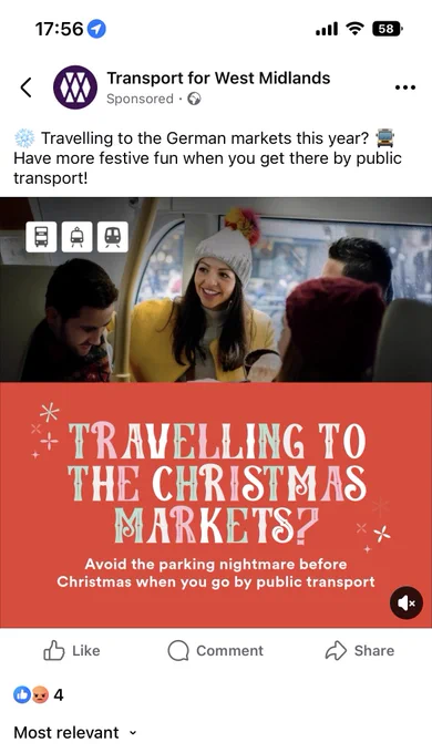 Screenshot from Facebook of a transport for West Midlands paid advert talking about avoiding a parking nightmare