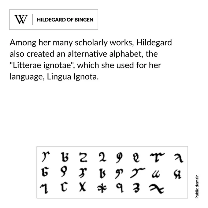 A collection of symbols printed in black, set on a white background. Text says: Among her many scholarly works, Hildegard also created an alternative alphabet, the “Litterae ignotae,” which she used for her language Lingua Ignota.