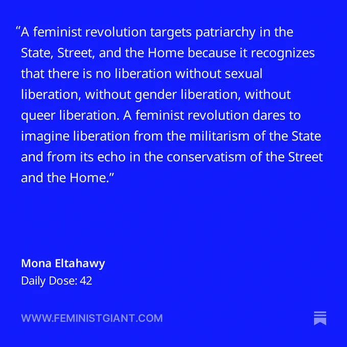 Text: A feminist revolution targets patriarchy in the State, Street, and the Home because it recognizes that there is no liberation without sexual liberation, without gender liberation, without queer liberation. A feminist revolution dares to imagine liberation from the militarism of the State and from its echo in the conservatism of the Street and the Home.