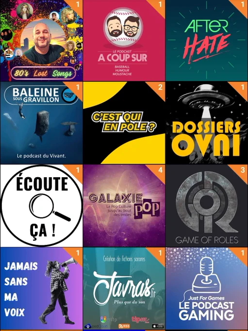 Capture d'écran de l'application Podcast addict
80's lost songs 
A coup sûr 
After hate 
Baleine sous gravillon 
C'est qui en pole 
Dossier OVNI
Écoute ça 
Galaxie pop
Game of rôles 
Jamais sans ma voix
Javras 
Just for games 
