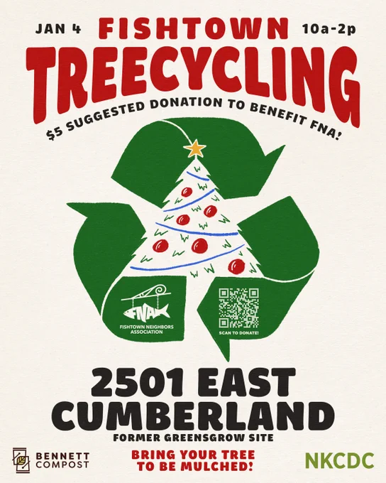 A promotion for Fishtown Neighbor Association’s Fishtown Treecycling event on January 4 from 10am to 2pm at 2501 East Cumberland. It features a fun design of a Christmas tree inside a recycling symbol.