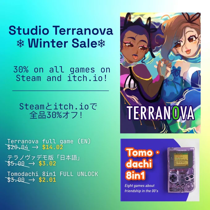 Studio Terranova Winter Sale! Terranova full game is $14.02, Japanese version is $3.02, and Tomodachi 8in1 is $2.01.