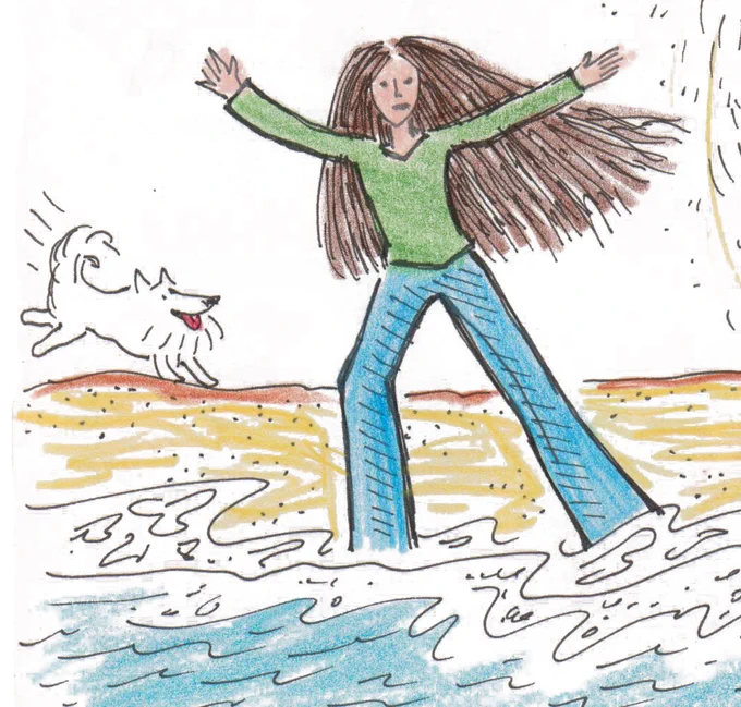 Ink and pencil crayon drawing of a white woman with long brown hair with arms raised, wading into the waves of an ocean on a beach, while a white dog runs nearby. This post is full of comics that don't lend themselves well to alt text, but hopefully the typed copy provides some context!