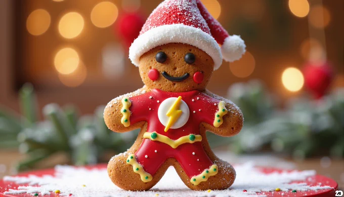 Prompt: a festive and delectable gingerbread cookie shaped as Flash dressed in christmas hat, detailed textures resembling real gingerbread and colorful icing, hyperrealistic, christmas decoration in the background