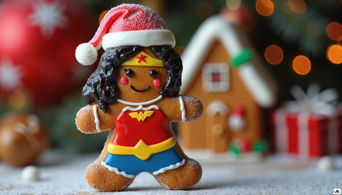 Prompt: a festive and delectable gingerbread cookie shaped as Wonder Woman dressed in christmas hat, detailed textures resembling real gingerbread and colorful icing, hyperrealistic, christmas decoration in the background
